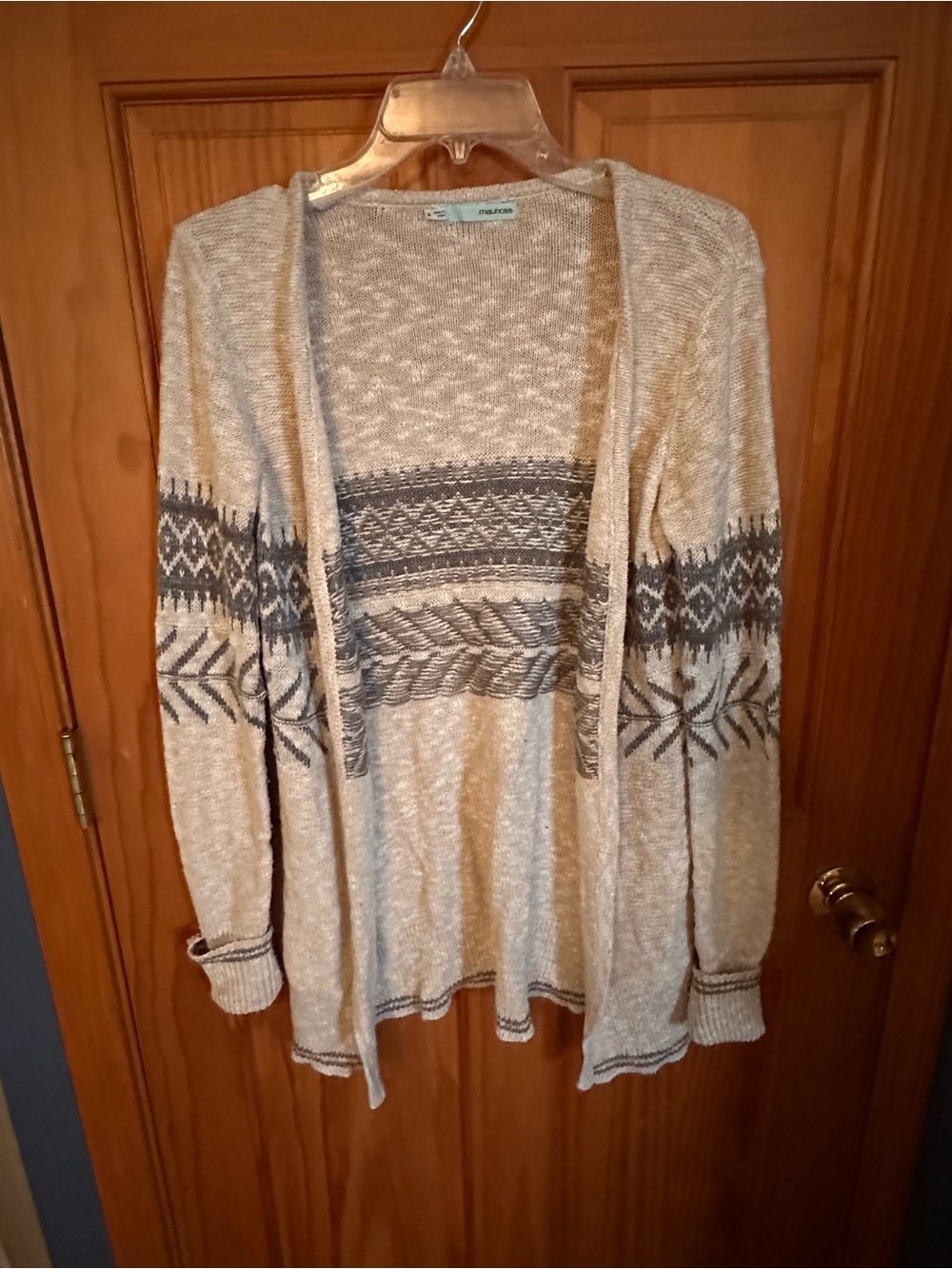 Maurices Beige and Gray Open-Front Nordic Pattern Cardigan